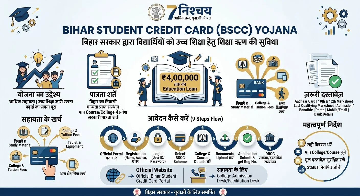Bihar Student Credit Card Yojana infographic showing eligibility, education-loan support, eligible expenses, documents and application steps